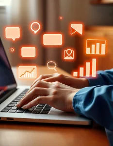 Manos escribiendo en teclado con gráficos digitales