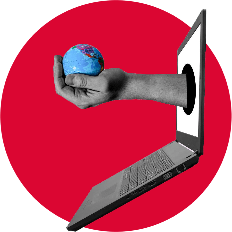 Collage círculo con mano y bola del mundo